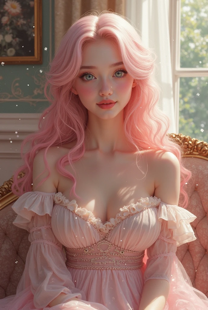 araffe woman in a pink dress taking a selfie with her cell phone, belle delphine, dressed in a pink dress, fairycore, young beautiful amouranth, cottagecore!! fitness body, gigantic tight pink ringlets, ultrarealistic sweet bunny girl, wearing corset, dreamy aesthetic, a stunning young ethereal figure, with curly red hair