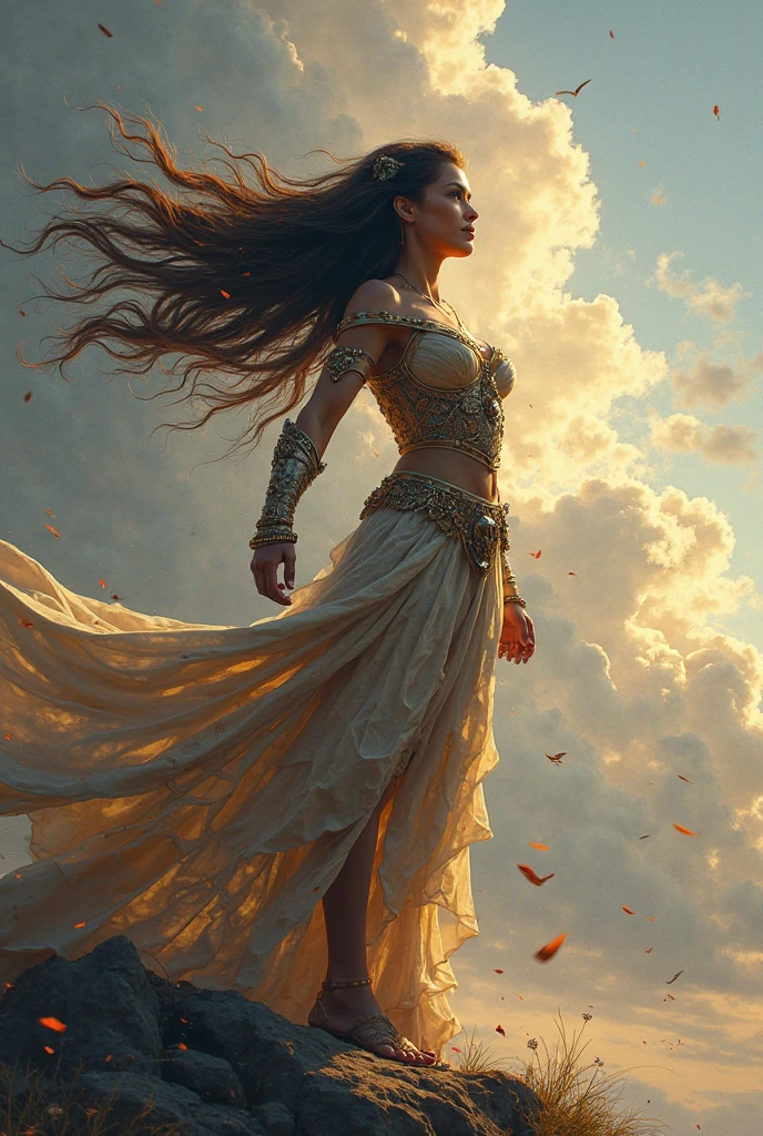 Caramel skinned princess with long black hair and blue eyes. your hands are wearing a pair of iron gloves that cover your fingers. She is wearing a white wedding dress that is ripped and shows her back with a vertical tear.. She is running to a turquoise palace and is scared. . Golden leaves fall from the blue sky. There are black and gold veins popping out from her bare back. Realistic illustration like fairy tales.
