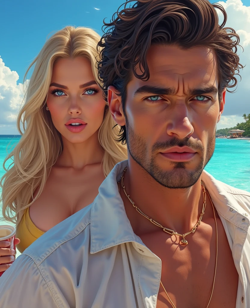 A tall handsome manly young man with long straight platinum hair, blue eyes, dressed in beach shorts, hugs an incredibly beautiful young femme blonde with long golden hair, blue eyes, she is wearing a beautiful swimsuit. Masterpiece, detailed study of the face, beautiful face, beautiful facial features, perfect image, realistic photos, detailed study of faces, full-length image, 8k, detailed image, extremely detailed illustration, a real masterpiece of the highest quality, with careful drawing.