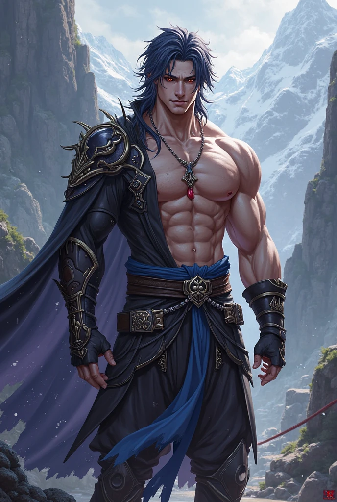 ((Best Quality, 8K, Masterpiece: 1.3)), A seductive and virile figure of Hades, with ((perfect blue eyes: 1.3)), long black hair, white skin and a perfect face, ((his black horns a sign of his power: 1.3)), stands tall with a perfect body and body proportions, Holding a bident, all rendered in a unique and creative style, all rendered in a detailed and high-quality style, ((Detailed rendered eyes:1.3))
