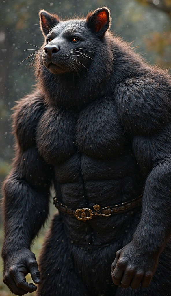 Black fur, Muscular, Monster, Male, Tall, Red eyes.