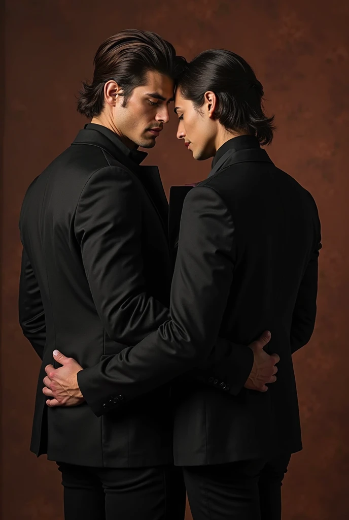 A red-eyed vampire wearing a fancy suit kissing a werewolf with wolf ears and tail 