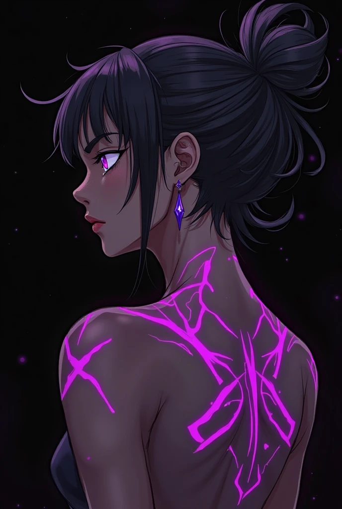 upper body of arcane mage woman, glowing iridescent runes, casting spell, purple hair and glowing eyes, naked, topless, (small breasts), black background, dark atmosphere, shout, ritual