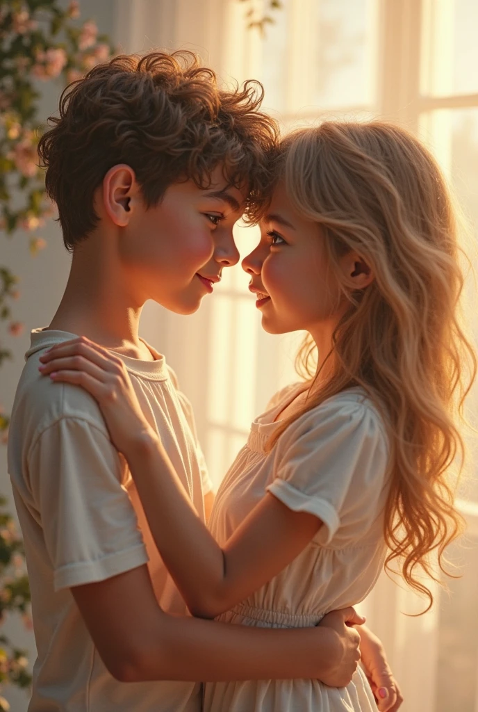 A 15 years old boy and girl looking at each other face to face. The girl has blond straight hair and is wearing a light yellow dress with round puffy sleeve. She has fair complexion with hazel eyes. The boy has dark brown hair. He is wearing a light blue formal shirt and a black trouser. He has brown eyes. He has fair complexion. 