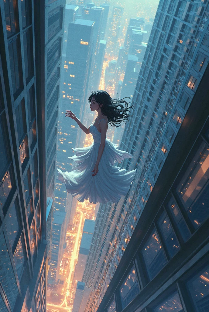 This image depicts an angel woman hovering over a city at night. The city lights create a golden and dramatic atmosphere, while its delicate presence and dark wings contrast with the urban environment. The woman seems protective and vigilant.