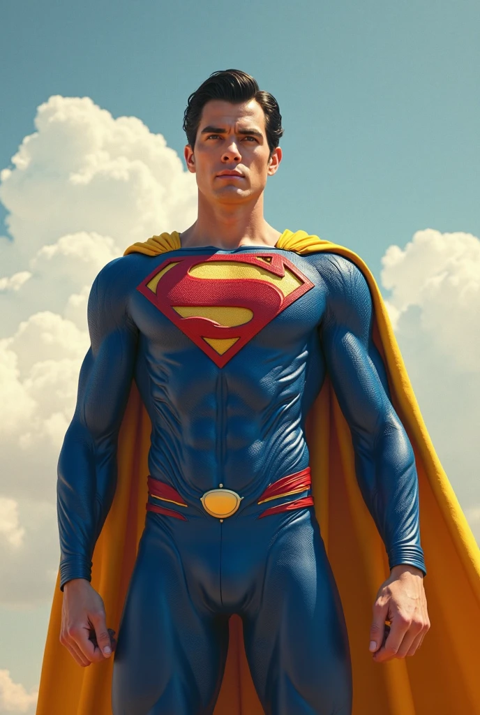 best quality,masterpiece, Superman, Ultra high detail,A handsome muscular man,Short black hair, wearing a black and gold shiny translucent latex spandex 
