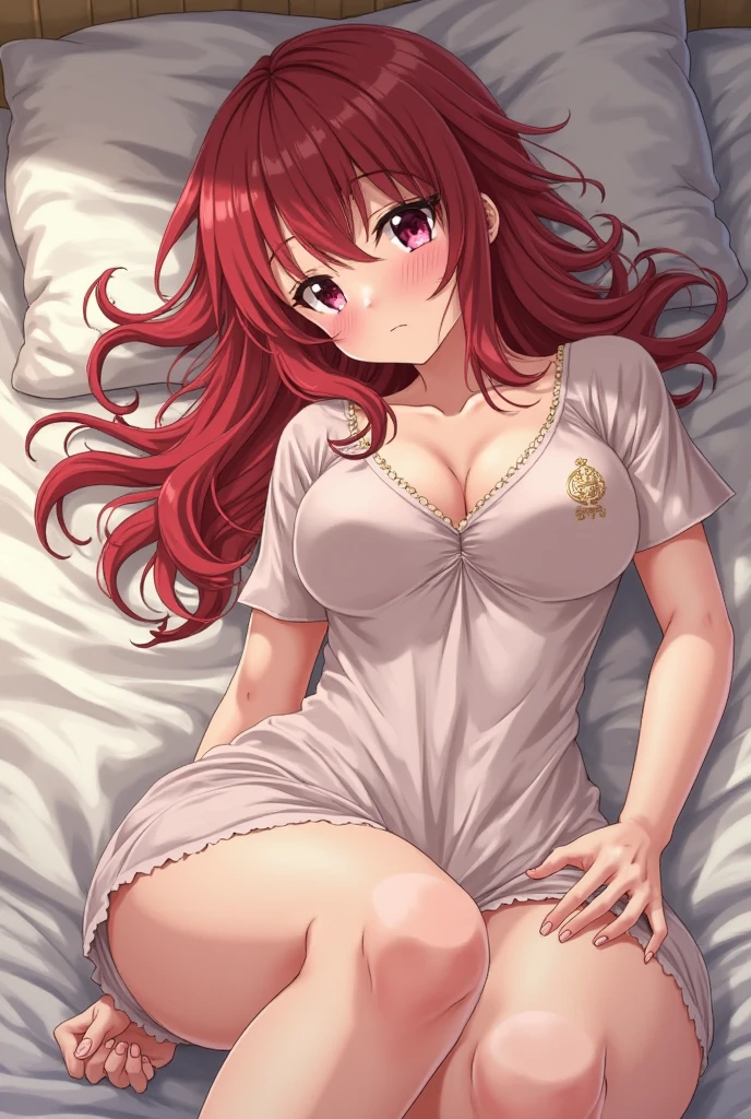score_9, score_8_up, score_7_up, score_6_up, score_5_up, score_4_up, yu hee, golden eyes, red hair, long hair, thigh, bare sleeve, bright smile, lie, golden eyes, Chinese underwear, traditional underwear,