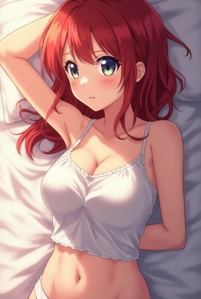 Breasts, High accuracy, reddly shy, I smile, long hair, Blue eyes, Simple background, Anime, Naked,Big chest,Graceful,Big breasts,In bed,