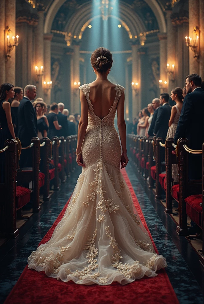 1 blonde girl, cute face, perfect face, beauty face, thin, big breasts, wide hips, tight wedding dress, cleavage, beauty eyes, blue eyes, kneeling, praying, lustful smile, look of desire and lust, inside a chapel, showing her butt,