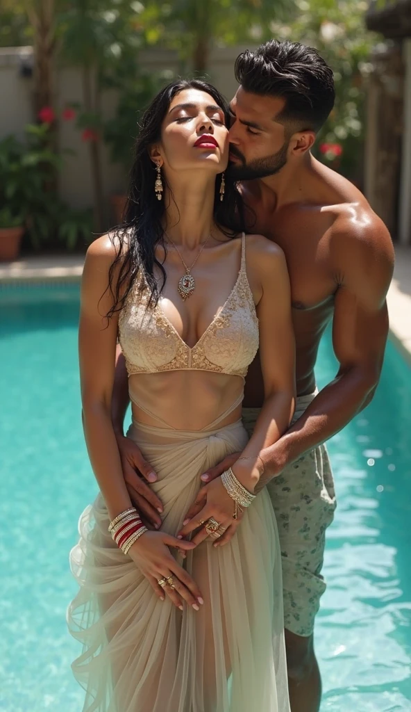 ,Nsfw,A Indian old man and girl in the water fall stone, standing pose, detailed, Indian Oldman, beautiful girl, couple pose, realistic, high quality, couples, romantic waist gripping pose, Indian actress, subtle smile, curvy, swooping breasts, saree, couples pose, big cheeks,deep cleavage,blue saree,sexy girl, kajal,black Old man, detailed, Indian actress,french braid hair, necklace, sultry, seductive eyes, look at viewer and smile, (cinematic:1.3),