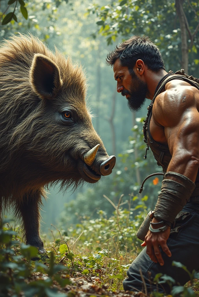 THAT A SCENARIO OF A FOREST WITH RAINY TEMPERATURE WHERE IN THE CENTRAL PART OF THE STAGE A MUSCULAR MAN IS FACE TO A BUFFALO, HE STOPPED THIS ANIMAL WITH HIS HAND, THE BATTLE BETWEEN THESE 2 IS WILD, SINCE DUST IS RAISING AROUND IT AND THERE ARE SMALL TOBELLINOS 