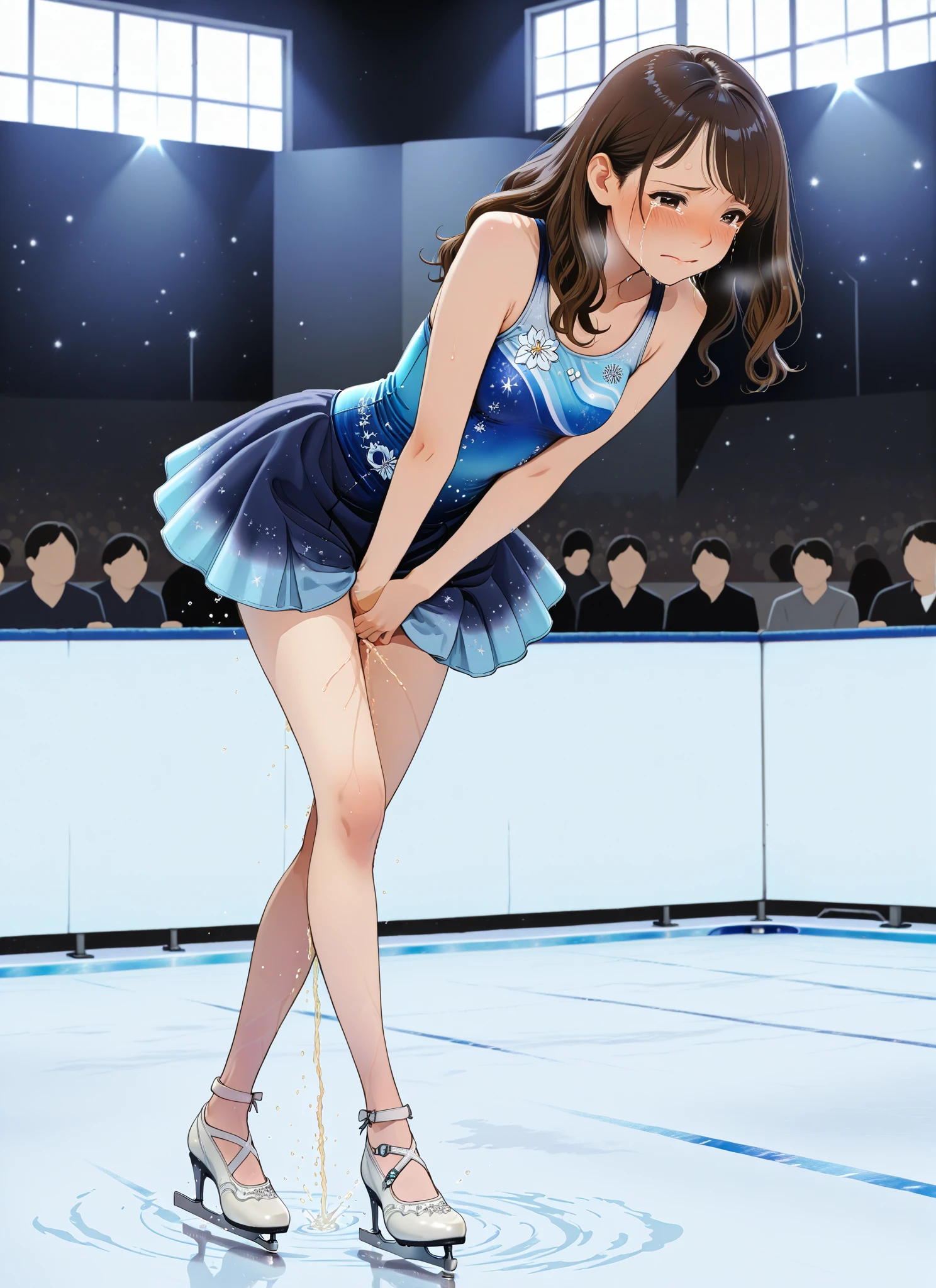 (((masterpiece))), (((best quality))), (((knee slides))), ((dancing on grand ice skating exhibition)), orange bling decorate lace qipao dress, see through sleeves, cinematic light, countless crowd, wind, night, solo, 1girl, high neck, (((big tits))), collarbone, sweat, ribbon, black longhair, rosy lips, open mouth, shy, blush, slim figure, skates, <lora:girllikekneeslides:1>