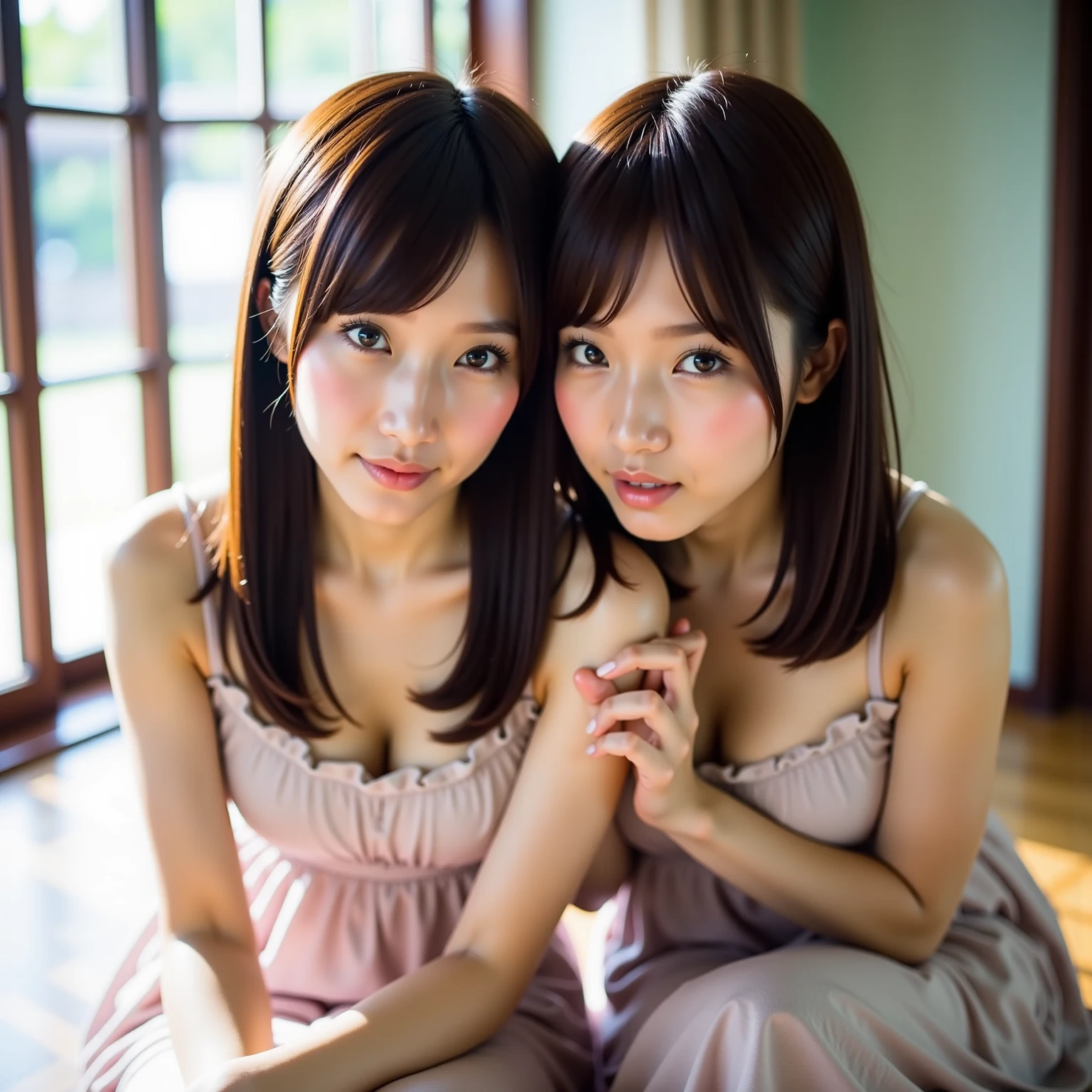Highest quality, masterpiece, Ultra-high resolution, (Realistic:1.9), Raw photo, ((Lesbian couple of the most famous Japanese idol of and the most famous Japanese actress of 30 years old.):1.3) Relax in a luxurious bed. Both have innocent smiles. (((They both have very beautiful big eyes.))). The most famous Japanese idols aged 20 are、She has a very cute face and very beautiful short hair like the most popular Japanese idols.。. The most famous Japanese actresses aged 30、She has a very beautiful face and very beautiful long hair like the most popular Japanese actresses.。Large Breasts、looking at the camera、