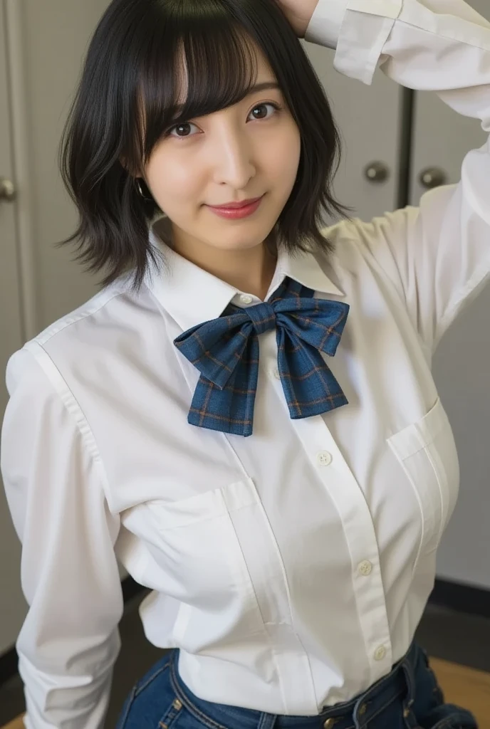 (8k, RAW photo, best quality, masterpiece:1.2), (realistic, photo-realistic:1.37), ultra-detailed, 1 girl,cute, solo,beautiful detailed sky,detailed cafe,night,sitting,dating,(nose blush),(light smile:1.1), medium breasts,beautiful detailed eyes,(collared shirt:1.1), bowtie,pleated skirt,(short hair:1.2),floating hair
