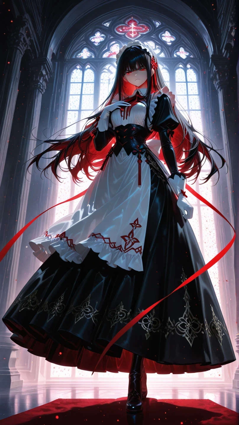 Place your hand on the chest of the mansion Beautiful long skirt Maid Doya face Full Body high angle black hair straight long white headband red ribbon from below noble Elegance I'm angry with a good posture low angle transcendental beauty Red eyes inner color red Particles of Light white gloves