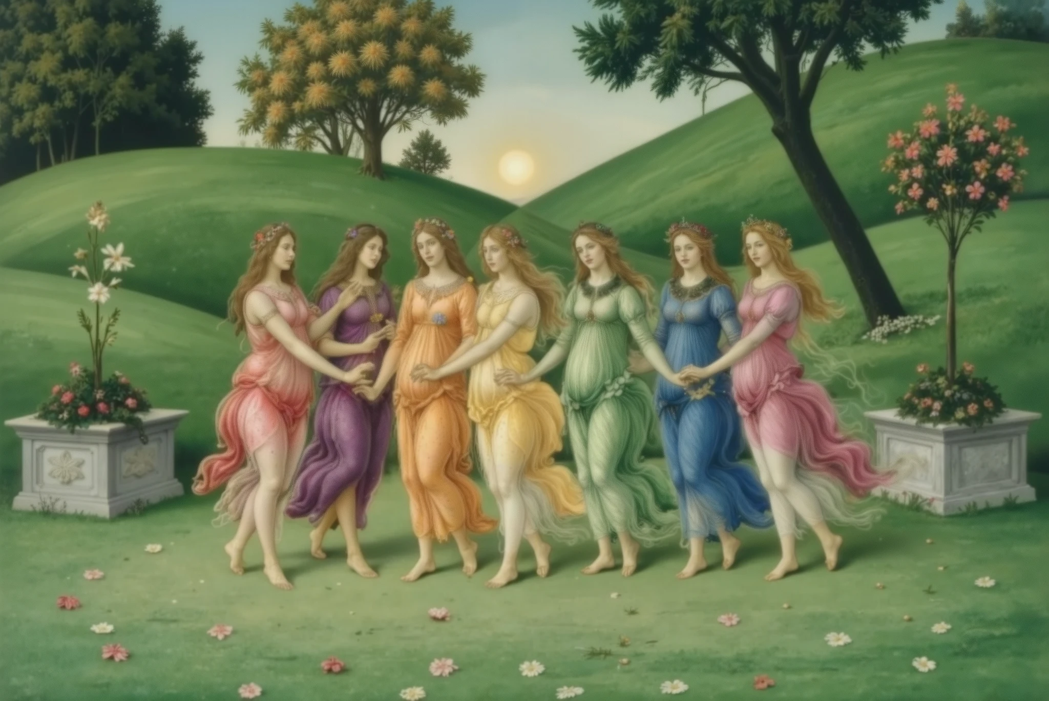 Seven mythological nymphs dance in a circle in a magical clearing in the heart of an enchanted garden, under the twilight sky, with light and graceful movements, forming a circle. Each nymph wears a thin, flowing robe in a different color of the visible spectrum: red, orange, yellow, green, blue, indigo and violet. The robes have petal details and a soft glow. On their heads, crowns of colorful flowers match the tones of their clothes. Behind them, the afternoon sun shines, creating a golden effect that envelops the scene in a magical aura.