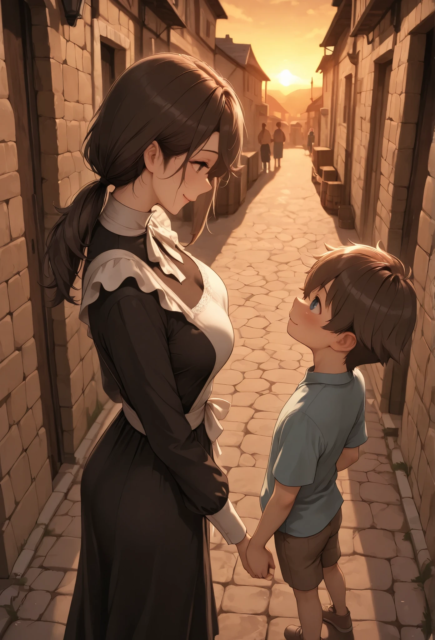 Oil Enamel,Medieval Alley,Sunset,The maid is walking hand in hand with the child and seems to be on good terms,(1 woman and 2 kids), very long low ponytail, kana01,(adult woman),French Maid Outfit, BREAK eye contact,Boy,5 years old,(cute little boy:1.4),casual clothes,Smile Yan,medium breasts, distant shot, character as part of lands, from 45 behind,top quality,high contrast,