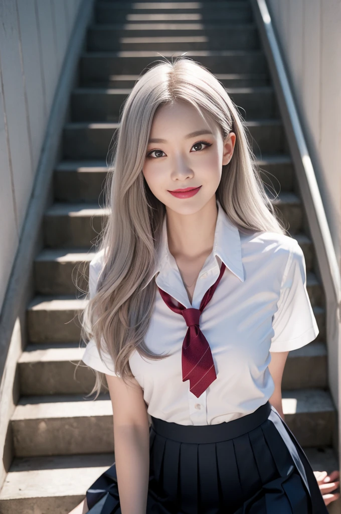 (masterpiece)), UHD, Retina, Accurate, Anatomically Correct, Textured Skin, Super Detail, High Detail, High Quality, Top Quality, High Resolution, 1080P, HD, 4K, 8k, 16k, (photo realistic:1.4),35mm lens, f/ 1. 8, Beautiful detailed eyes, Beautiful detailed lips, highly detailed eyes and face, perfect face,((Half Russian and Japanese model)) ,super model girl,famous actress, very beautiful, perfect anatomy,(silver eyes),(big eyes:1.2), (big breasts: 1.2),Alone, Beautiful Woman, Eyelashes, silver hair, wavy hair,,((small mouth)), closed mouth,,fullbody,((School uniform, red tie, blouse, checked mini skirt, classroom, smile))