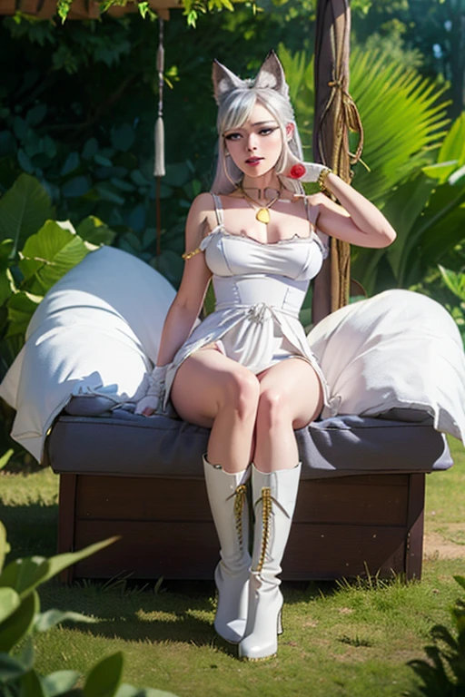 a closeup of a white skinned woman, with a white blouse with a center neckline, a white cape on the back, earrings and necklace made of gold, pointy ears ,black miniskirt, black gloves,black high heel boots, silvery white hair tied up in a ponytail style,dated blue eyes, sitting on the wall of a large water fountain, in a garden full of white and blue flowers,in the courtyard of a medieval castle,one hand on the waist, the other hand next to the body,Thick, Hyper-realistic full figure, photorealistic perfect body, Realistic shading perfect body, oppai proportions, seductive anime girl, photorealistic render of anime girl, High quality 8K detailed art, oppai, Realistic 3D anime, voluptuous body, 3d anime girl, very detailed anime,