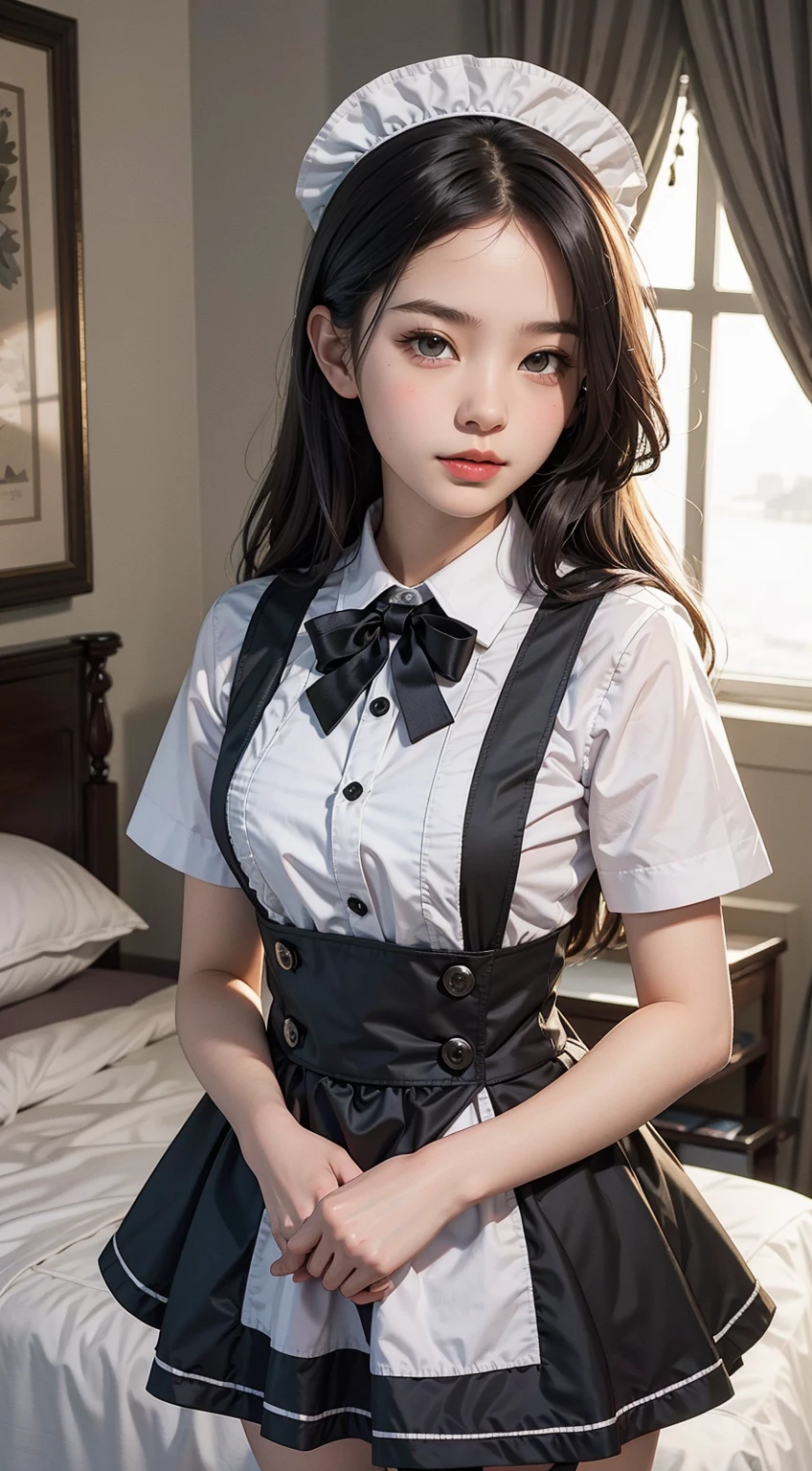 (8K, Raw photo, Best Quality, masutepiece:1.2), high-definition RAW color photography, professional photograpy, cowboyshot, (Realistic, photographrealistic:1.37), ((Best Quality)), 25 year old woman, Cinematic Light, (finerly detailed face:1.2), (masutepiece:1.5), (Best Quality:1.2), (Mole:0.5), (Smiling:0.9), (Looking at Viewer:1.2), Skirt lift, Wrinkled white panties, bowtie, (Detailed Maid:1.2)