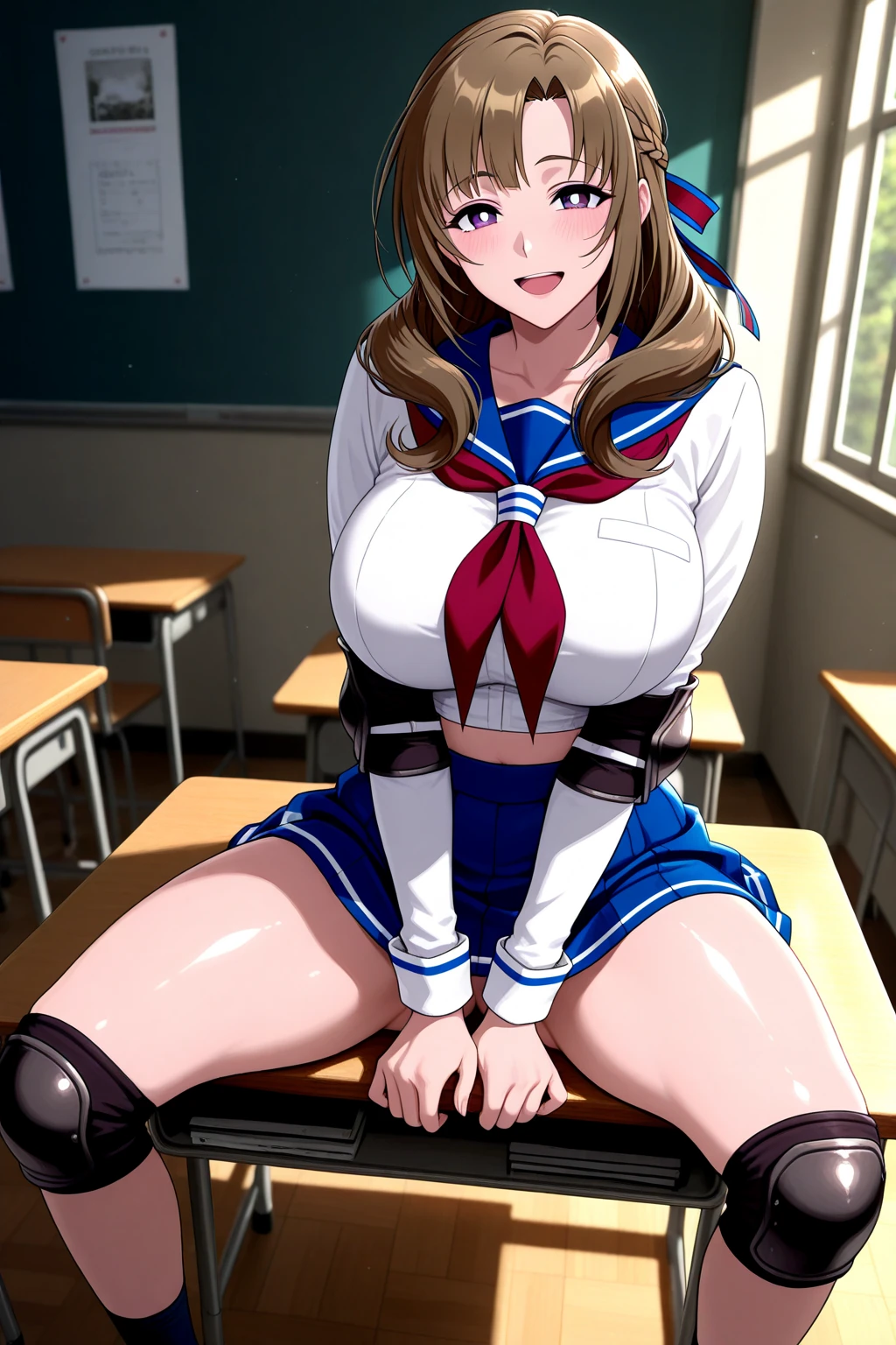 highest quality,best quality,1girl,((big breasts:1.3)),closed mouth,orgasm,blush, sweat,Nanoha Takamachi,takamati nanoha,((long hair,twintail:1.3)),hair ribbon,white shirt,pleated skirt,blue skirt,mini skirt,panty shot,upskirt,lift skirt,white panties,lace panties,classroom,full body,spread legs