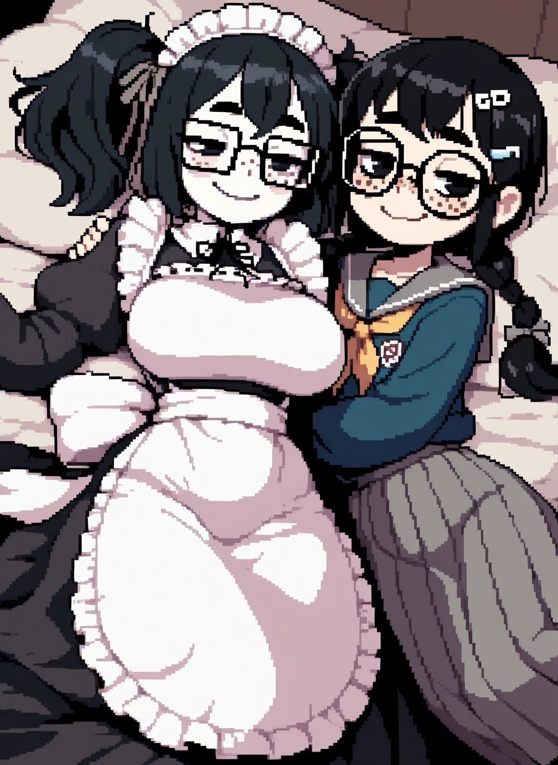 score_9, masterpiece, score_8_up, score_7_up, best quality, 2girls,elma \(maidragon\), kobayashi-san chi no maidragon,,huge breasts,embarrassed,blush,happy,white collared shirt, pleated skirt,Checked Skirt,Lesbian couple,sex,missionary position,cum on body,excessive cum,drool,sweat,pussy juice,love juice,milking plant, dairy plant milking machine, transparent funnel tube, milk tanks,Machine tentacle,bathroom,restroom,tile wall,toilet stall