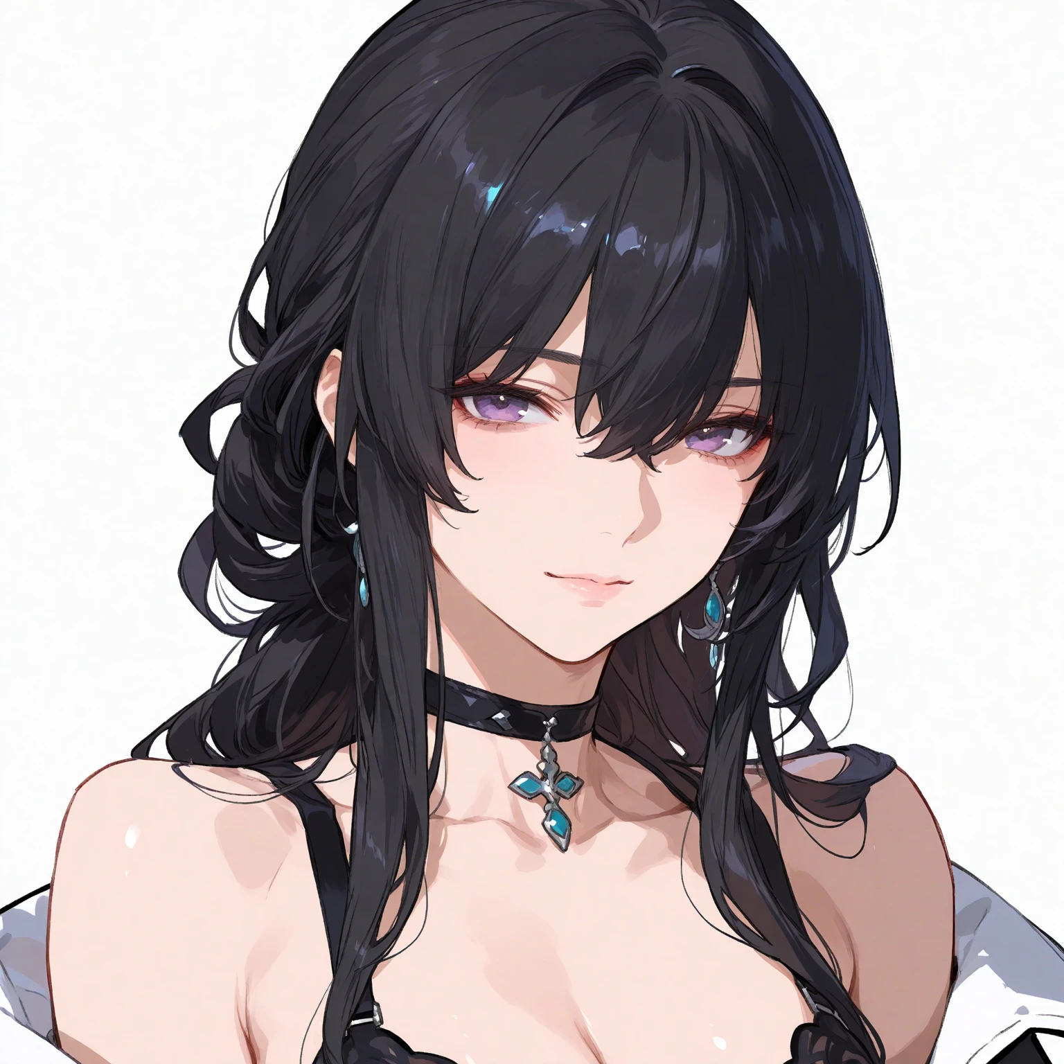 woman on the catwalk at a fashion show. detailed face, red purple eyes, black wavy hair, skin pores