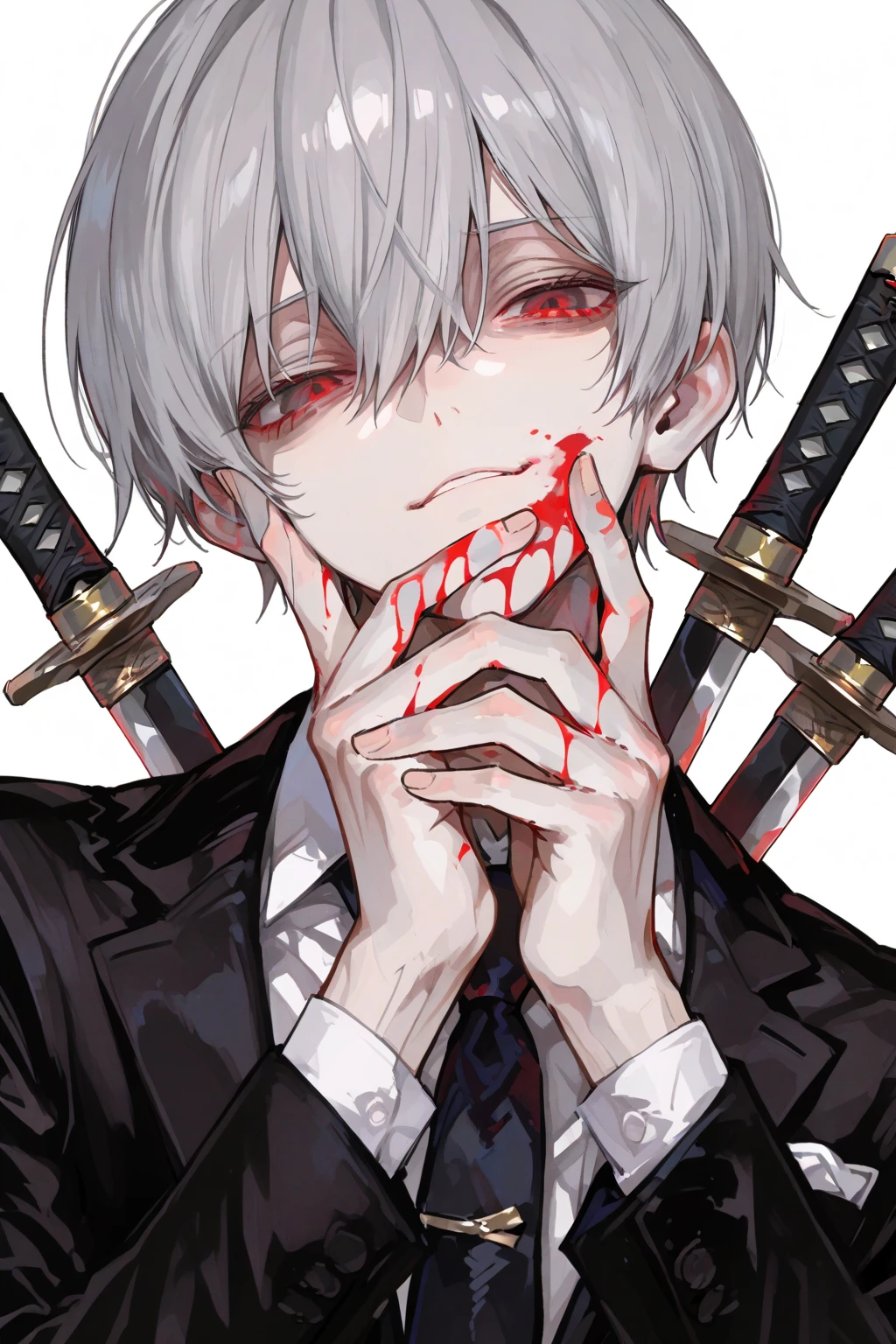 short hair boy, pale skin, white  hair, removing a sword from your chest, menino com expression of pain, expression of pain, taking a sword out of his chest