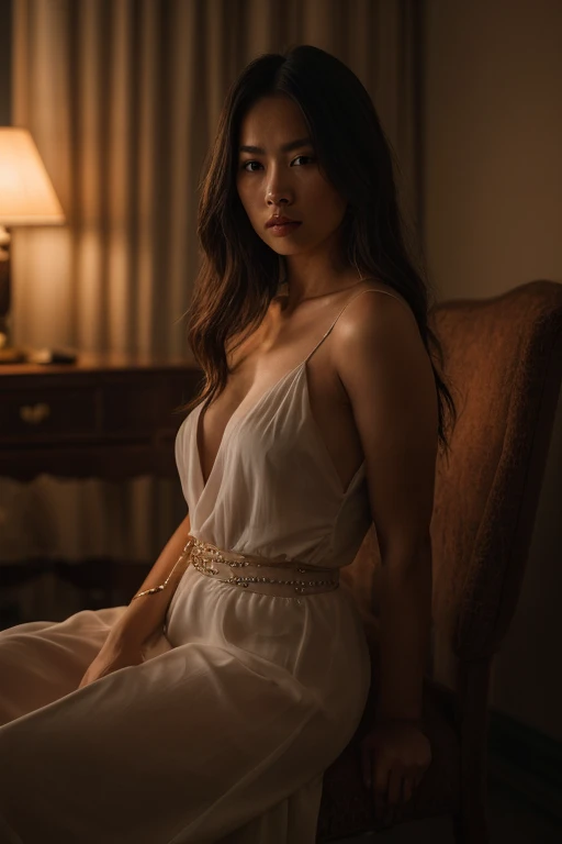 photo of black hair female, natural skin, realistic skin, beautiful refined oily skin, real skin texture, sharp face lines, skinny face, beautiful slim face, black long hair, beautiful dimples cheeks, slim beautiful japanese face, beautiful face, beautiful nose, masterpiece, high resolution, 21 years old, busty female, american mixed japanese ethnic female, In a dimly lit room, illuminated by candlelight, wearing a lace-trimmed satin slip, pose on a vintage chaise lounge, fashion photography style