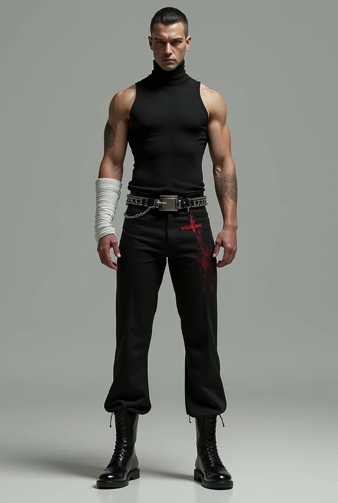Teen male posing, boxerbriefs, skinny body, atmospheric, cute face, white hair, blood, mask, harness, dead inside, white school shirt