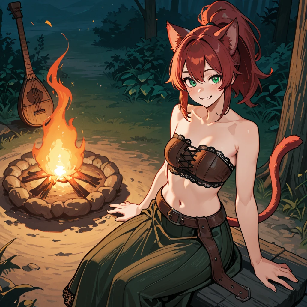 Score_9, score_8_up, score_7_up, , 1girl, solo, kemono style, Anthro, Melina from Elden ring, Anthro furry cat girl, cat snout, pink nose, pink fur, furry pink cat girl, cat ears, short wavy hair, yellow eyes, one eye closed, markings on closed eye, wearing skimpy cloth bra and panties, brown cloak, tall and skinny, standing, hands together, shy smile, a campfire with golden fire nearby, soft smile,
