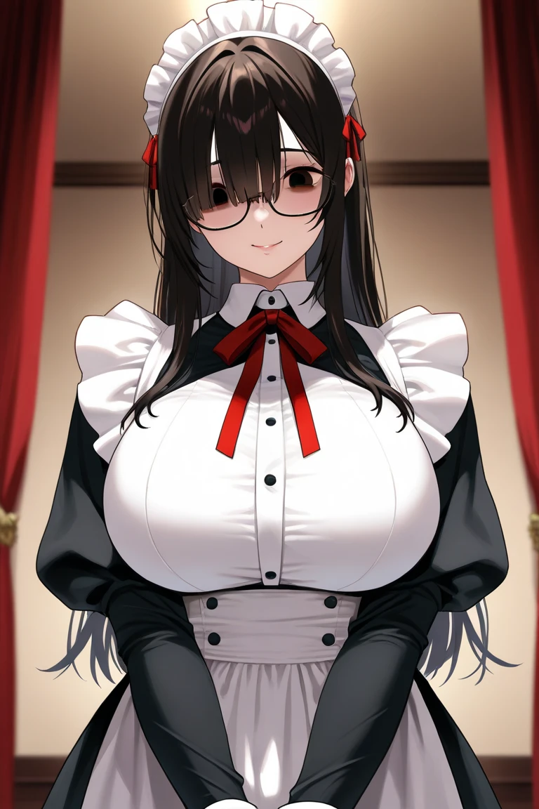 highest quality、detailed background、beautiful and detailed face、beautiful and smooth skin、skin texture、professional lighting、Beautiful teenage girl、
Maid clothes、white lace apron、garter belt、Cute red glasses, (huge breasts: 1.2)、
smile、sexual expression、show your whole body、panty shot、open your legs、raise your legs、emphasize the chest