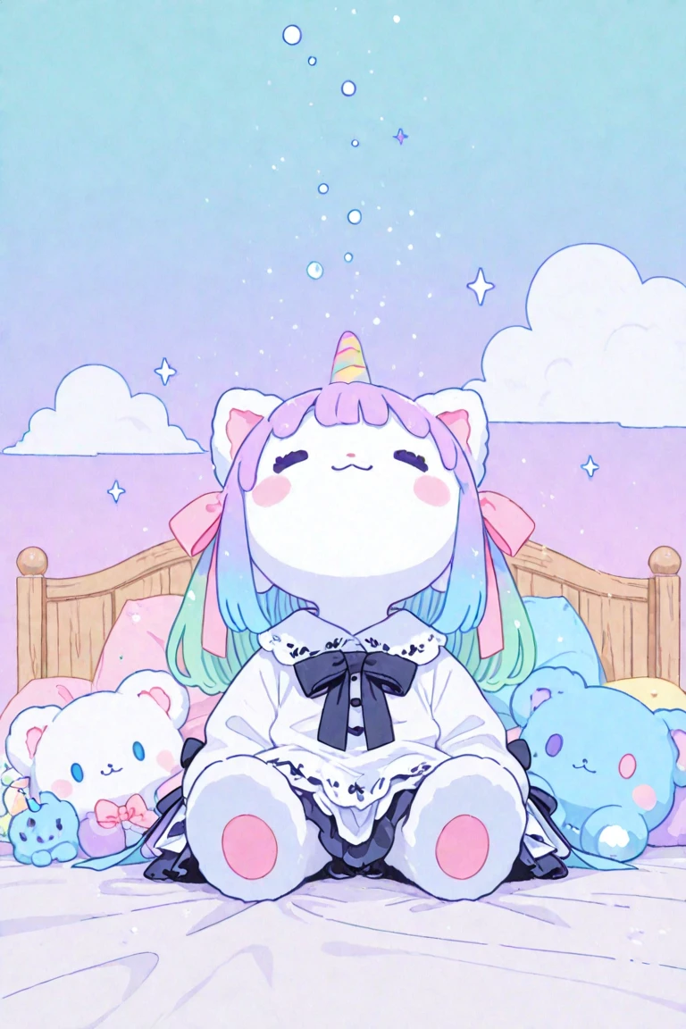 Yumekawa , dreamy cute, is pale, Haze, (masterpiece, top quality, top quality, watercolor (middle), upper body, kiss, Lolita Fashion, pattern, BREAK, (filter: 1.2), BREAK, soap bubbles, Rainbow behind, Cloud, colorful, soap bubbles, Expanding, cute, pastel, cute room, rainbow colored unicorn plush toy, sleeps in bed, big ribbon, 1 girl