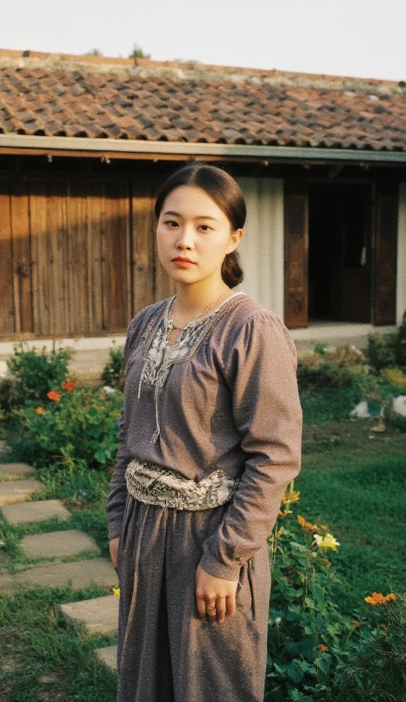 A modestly dressed adult maid standing in front of a traditional house with a tile roof and wooden walls, beautiful garden background with ornamental plants, The warm light of dusk illuminates the landscape, gaya lukisan realis.