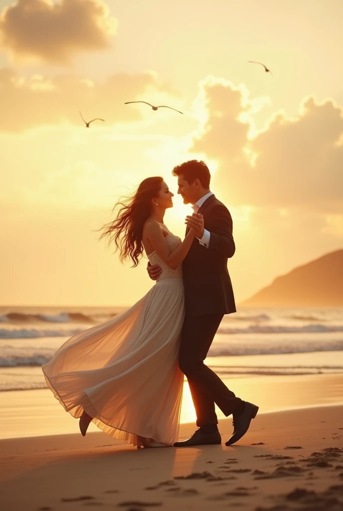 First Image: A romantic beach scene featuring a young couple dancing at sunset. The man, dressed in a casual, modern style with a buttoned shirt and black pants, dances barefoot with a woman wearing an elegant, flowing dress that transitions from dark to light shades, embodying a peach sunset. The setting includes a palm tree, the setting sun, and seagulls, capturing a tropical and serene atmosphere.


