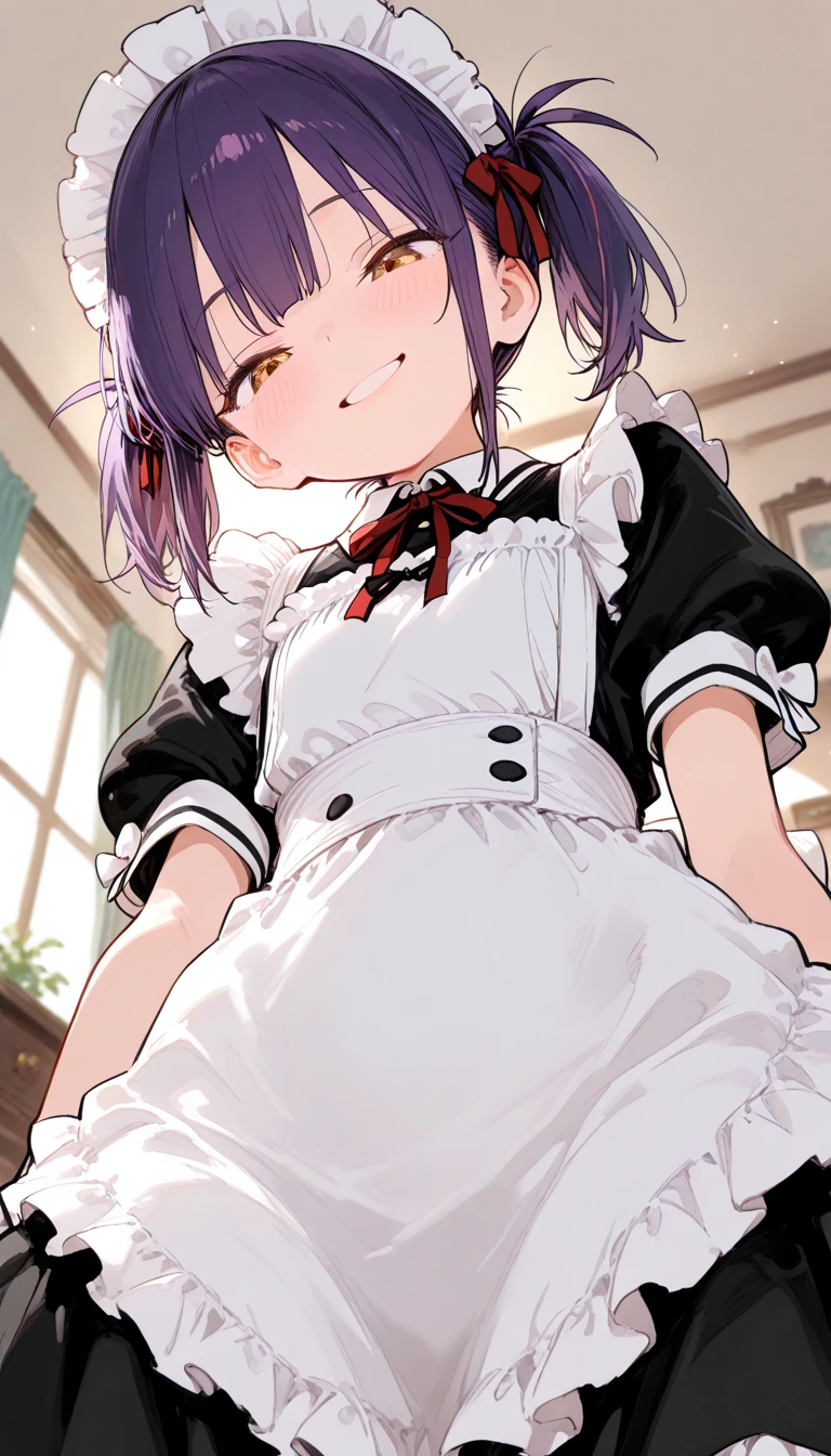 from below, small girl looking down and smiling, maid uniform, bedroom