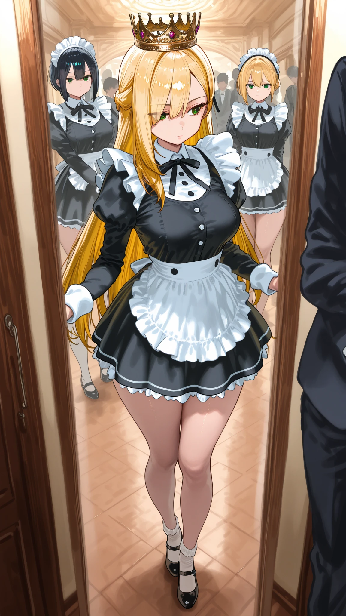 indoors, bedroom, nsfw, 1girl, solo, (maid), latex, tesomu, bare shoulders, breasts, nipples, yellow hair, blond dreadlocks, single hair bun, brown eyes, panties, thighhighs, gloves, long hair, looking at viewer, medium breasts, standing, full body, close-up, standing straight-on, realistic skin texture, detailed background, beautiful and detailed artwork, <lora:add_detail:0.3> <lora:tesomu-7-epoch-color:0.8> <lora:GoodHands-beta2:1>