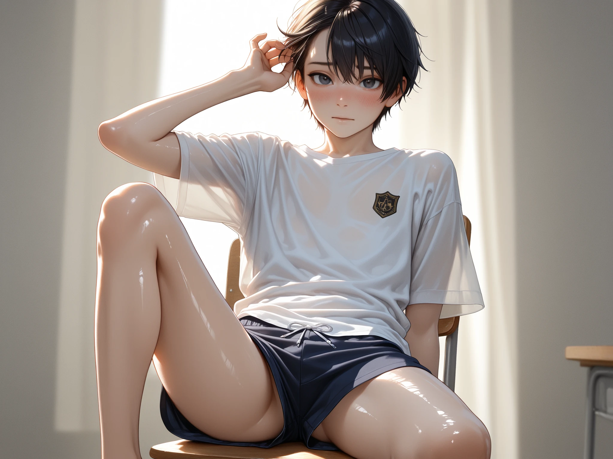 1 boy、Gray Hair、Brown eyes、Tennis Wear、Under the blue sky、17 years old、short hair, Best image quality、Eye highlights、Thin eyebrows、White Hair、whole body、Thighs、Beautiful legs、Hair splashed outside、Clear eyes、bedroom、Red cheeks