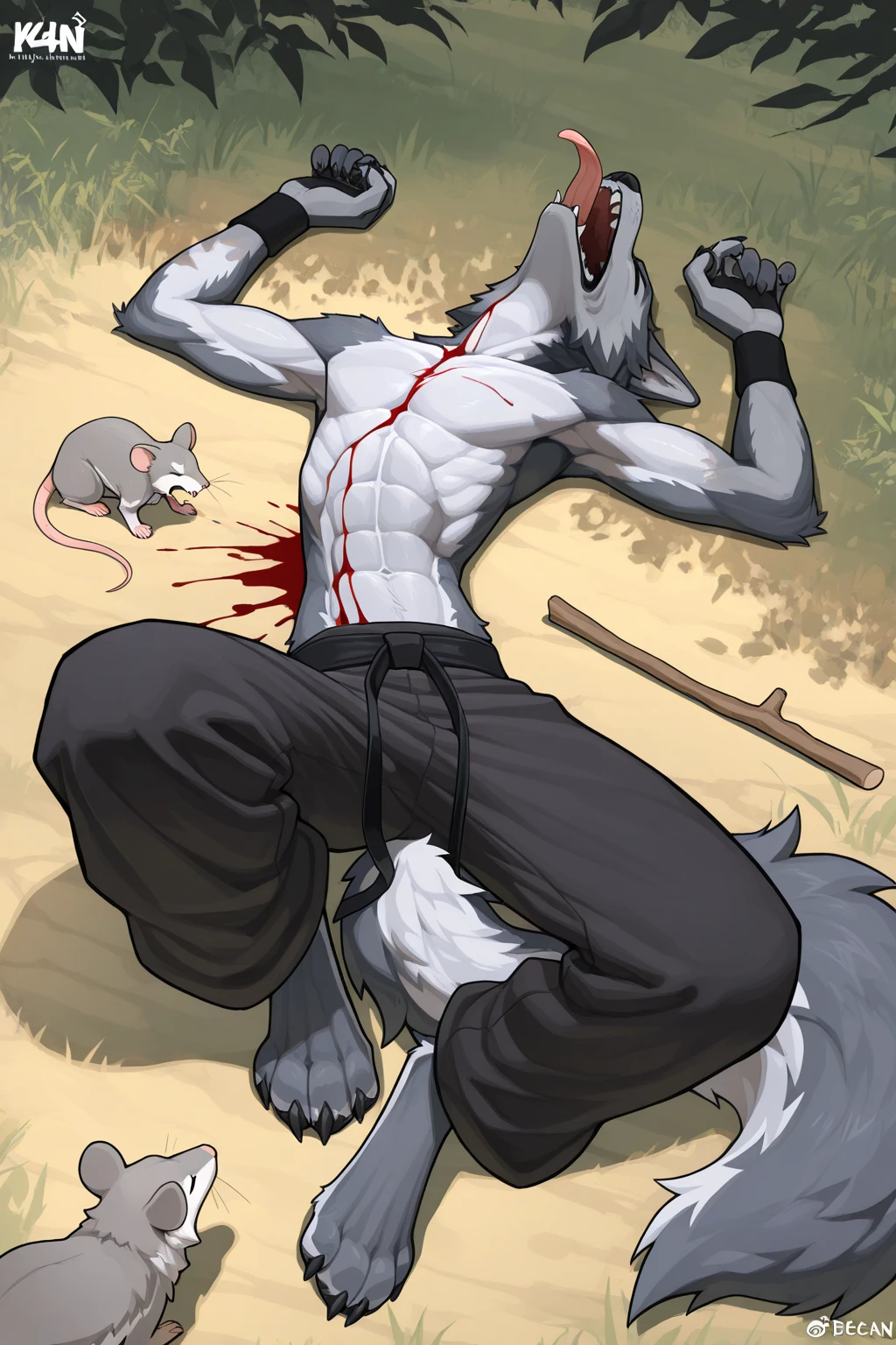 speech bubble background of text, sans serif font, speech bubble, Wolf, anthro, male, furry, nude, solo, selfie view, forest background, seductive smile, rubbing knotted cock, cock with knot, pre-cum, black fur, ruffled fur, beautiful background, perfectly detailed anatomy, nsfw, view of cock, masturbating, large bulge in dick, lots of cum, huge dick, sitting on fallen tree, bloody, blood coming from jaws, perfectly detailed eyes, brown eyes, claw scar across chest, blood