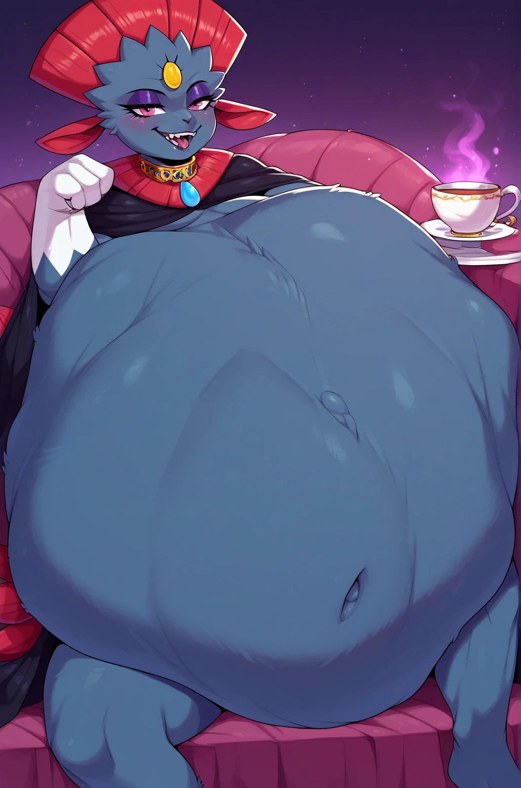 Anime styled picture. of fat handsome young man leaning on a soda machine, fat belly, extremely fat, overweight, his belly is fat and round, he has a jiggly fat round belly, heavy looking, morbidly obese, obese ), obese, an overweight, giant and fat, fat man, an obese, strong fat bacchanalian body,(( insanely wide hips, Huge thighs, Large Butt))fat legs, big arms, ,skin color(Charcoal Black ) ,((Black,short hair Red hair Tips!! ))) ,arms((Black wings Under arms )),Black Horns with red tips+ ,Round fat Face, multiple chins , Fat Cheeks, Clothes(( consists of a red formal suit!! ,black Top hat!!,)) (Sharp,Red Eyes),(((Clothes Tearing )), Legs spread out, black feathers around Skin, (High resolution), (High aesthetic)