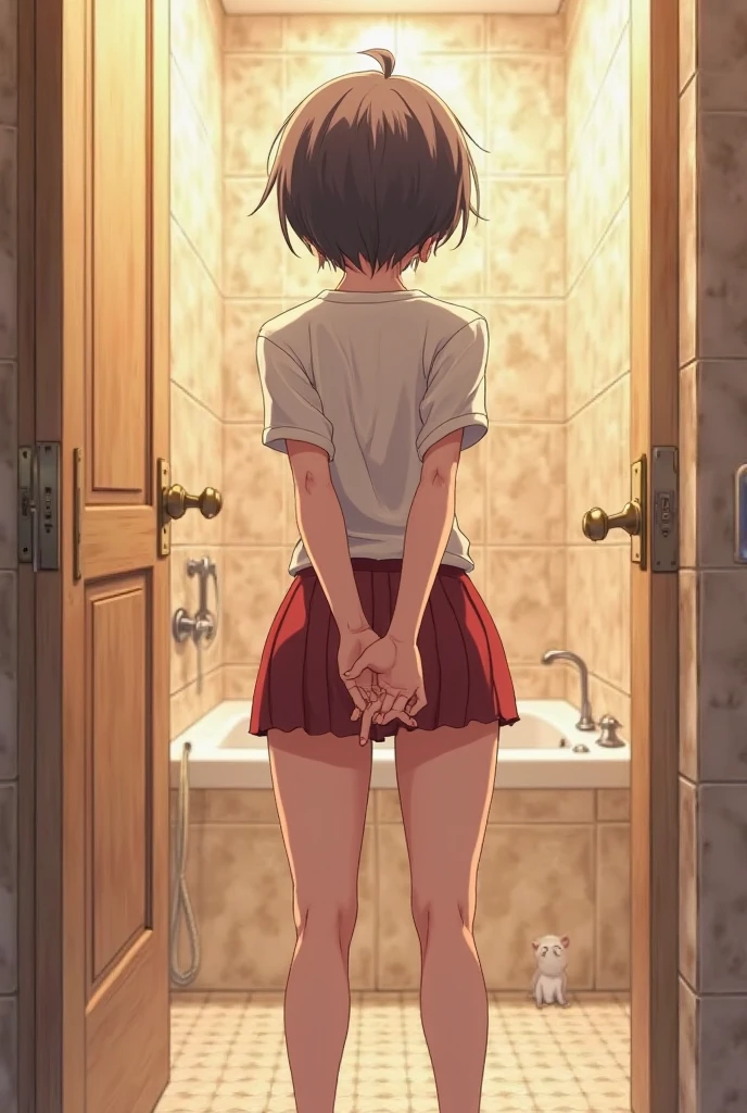 Slender cute boy 12 years old without a shirt, in a short skirt, you can see your naked ass, back view