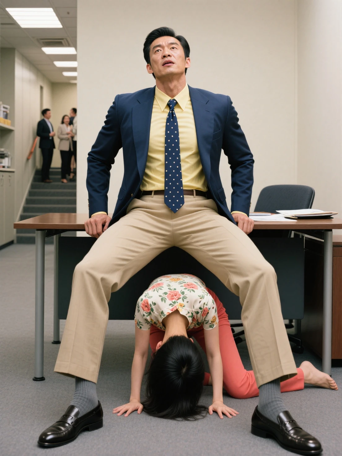 45 yers old,Hidetoshi Nakata,(Kogoro Mouri 1.3),Shirtless,Tong,agitated,office room,black long socks,Thin,musculature,lbeard,fortitude,artwork of a,tmasterpiece,k hd,Three people hugging,Yellow panties,Polo shirt
