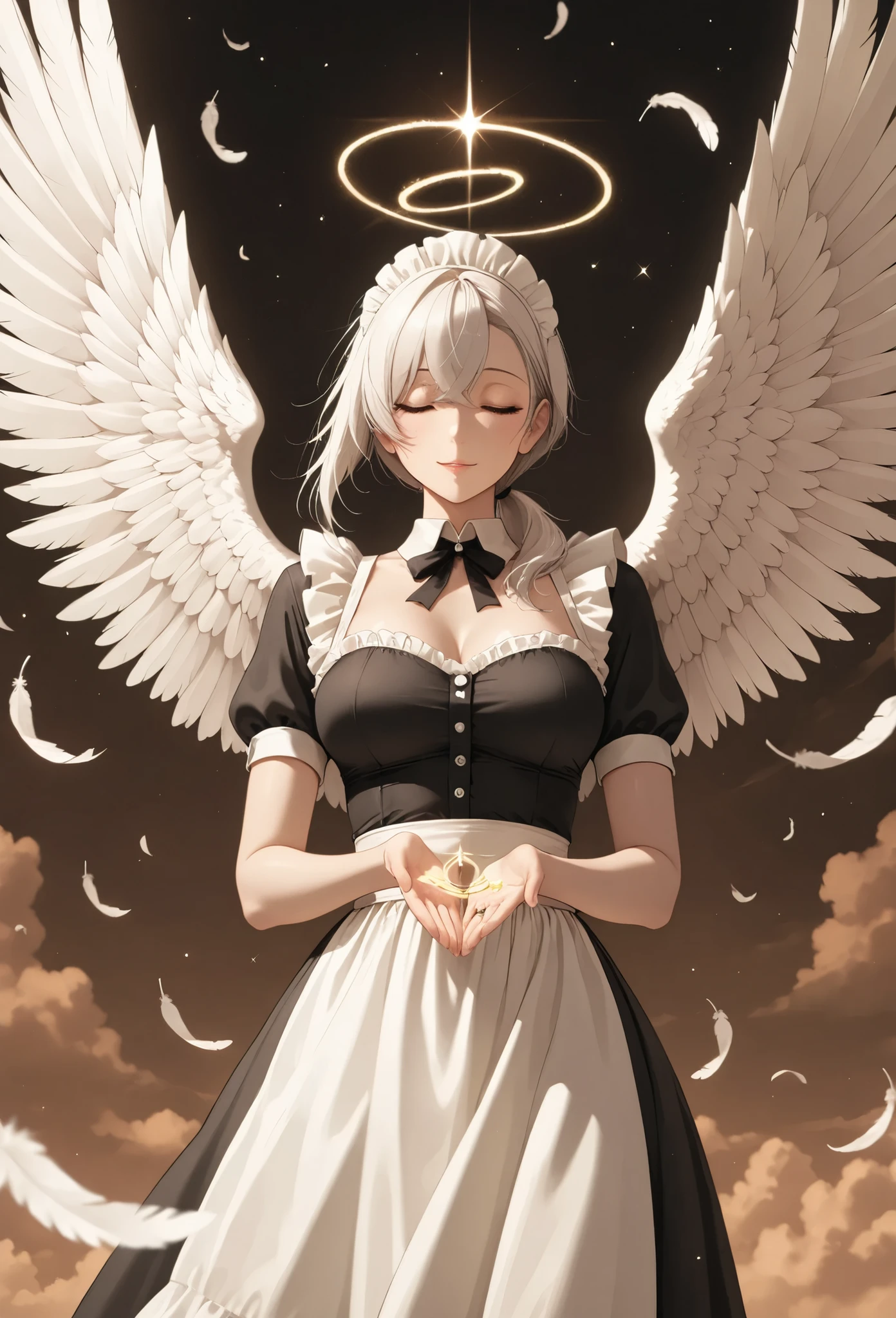 Live-action,Scenery of the underworld,Spread the angel's white wings、Maid flying high in the sky,(transparent wings),Fluttering Feathers,angel ring,very long low ponytail,Sparkle,Close your eyes and pray,kana01,(adult woman),French Maid Outfit,(asymmetrical cut top), medium breasts, distant shot, character as part of lands,top quality,high contrast,