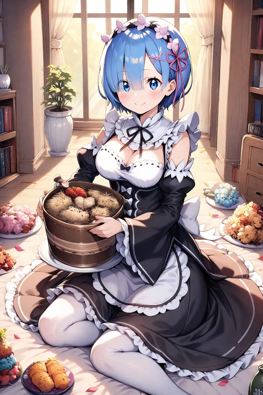 Rem from Re:Zero、light blue hair、short hair、table top、High resolution、many girls multiple girls、large crowd、lots of cute girls、big and full breasts、naughty body、See-through、throw、、whole body、Are standing、Look up at me、confused face、blush、embarrassing、Excited、white breath、black pantyhose、female shape'Private parts are clearly visible、I can see your nipples、white shirt、navy check skirt、micro mini skirt、very short skirt、bakery、Outside the store、spring、Cherry blossom trees、SakuraFubuki、Many people々々々々々々、in the crowd、bare chest、show your chest、while holding the tray、place the chest on the tray、Upper grade、A lot of milk comes out from the nipples、Breast milk gushes from the nipple、猫耳waitress服、waitress、blue gingham maid outfit、bangs that cover one eye、pink hairpin、
