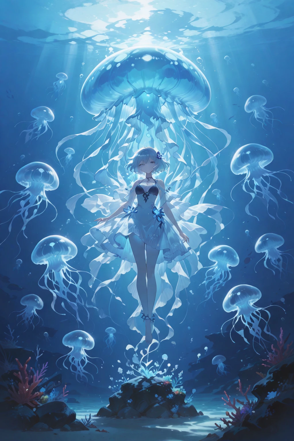 ((masterpiece, top quality, best quality, official art, beautiful and aesthetic:1.2), (ultra-detailed:1.5), (intricate details:1.5), amazing illustration, award-winning art, atmospheric,
BREAK,
[:(1 woman, solo:1.5),(nowadays:1.5),
BREAK,
light brown (chignon style:1.2) hair,beautiful eyes,blue eyes,medium large breasts,voluptuous body,
BREAK,
bikini,
BREAK,
(fullbody:1.5),
:7]

BREAK,
( (many Jellyfish:1.2) are floating on the (water surface:1.3):1.1),(full moon:1.5),(night sky:1.7),
BREAK,
( (pale:1.3) vibrant colors:1.2),(dark background:1.5),(realistic:1.5),(very wide shot:1.7),