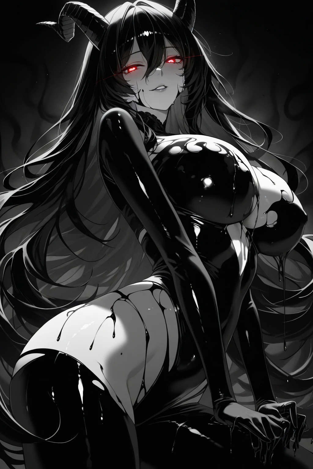 ((blood droplets)), ((blood)), ((blood splatter)), ((blood on clothes)), ((blood stain)), Masterpiece, Beautiful art, professional artist, 8k, sleeping expression, very detailed face, Detailed clothing, detailed fabric, 1 girl, View from above, lying on the ground, BIG BREASTS, perfectly drawn body, pale skin, tired expression, beautiful face, long black hair, Closed eyes, pink cheeks, choker:1.6, (white long sleeve button down shirt with white collar), black gloves, gloves that cover hands, (black leather corset), (shiny black leggings), Sensual Lips, dark forest, Atmosphere, fog, At night