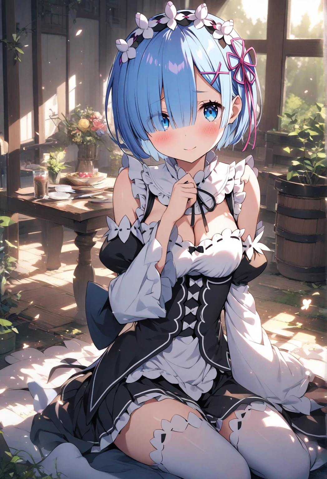 <lora:Rem_ReZero_v1_1:0.7>rem re zero, blue hair, short hair, maid uniform, hair ornament, cleavage, maid headdress, detached sleeves, ribbon, smiling, sitting in a grassy field of flowers,  surrounded by trees and butterflies, best quality, detailed, masterpiece, full body, wide shot,