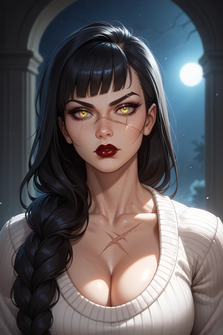 1 girl, (dark skin:1.2), shy, cute, cold expression, (8k, RAW photo, best quality, masterpiece:1.2), (realistic, photorealistic:1.2) (ultra-detailed, Super detailed:1.2), vivid colors, studio lighting, portrait, Yellow coloured eyes, blank eyes, Night clouds background, Aesthetic, romantic, Luna, Vampire, wearing goth collar, black hair, unbuttoned shirt revealing her chest