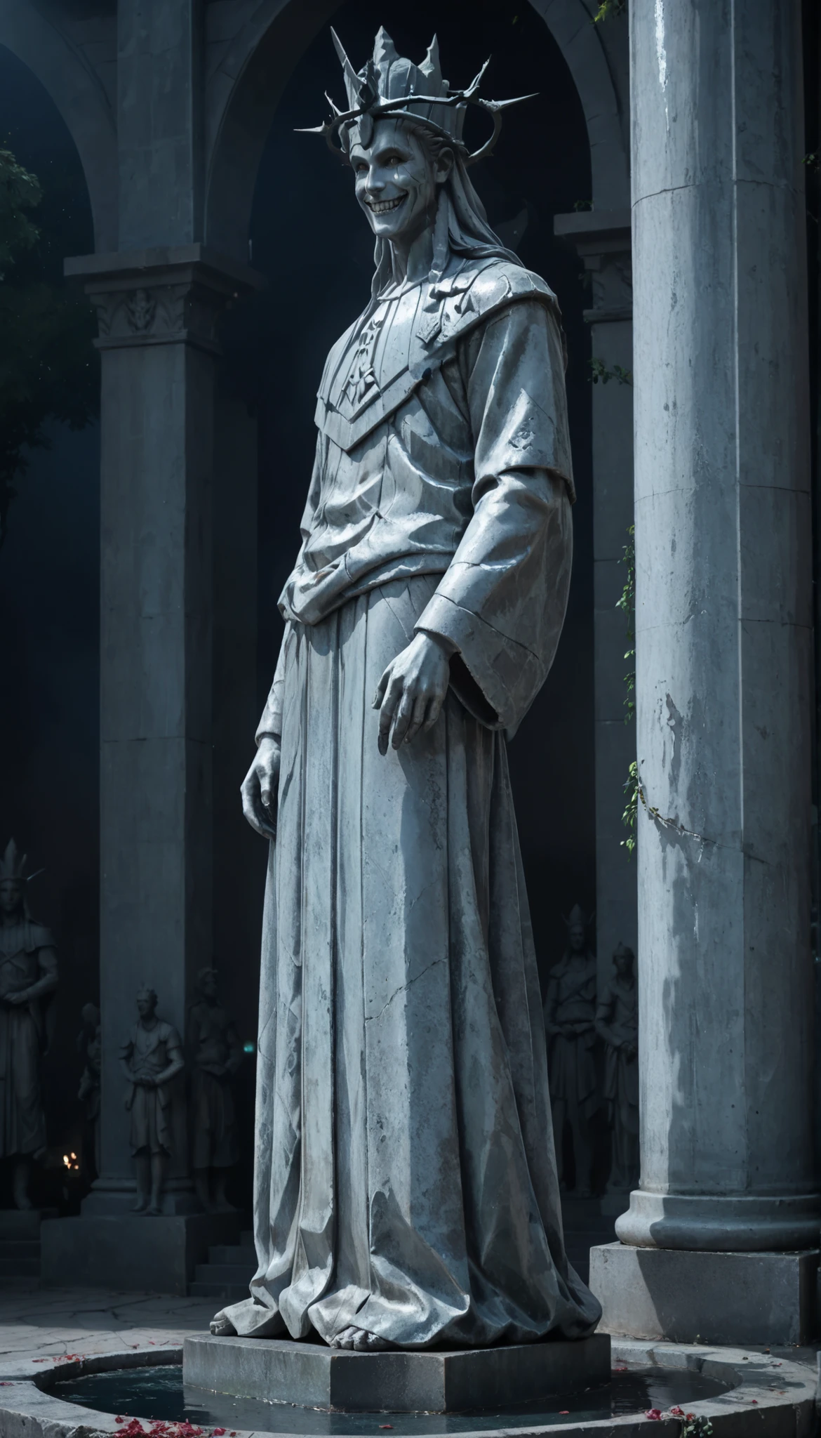 score_9, score_8_up, score_7_up, source_anime, standing, from side, evil smile, solo, eye contact, statue, statue_of_god, 