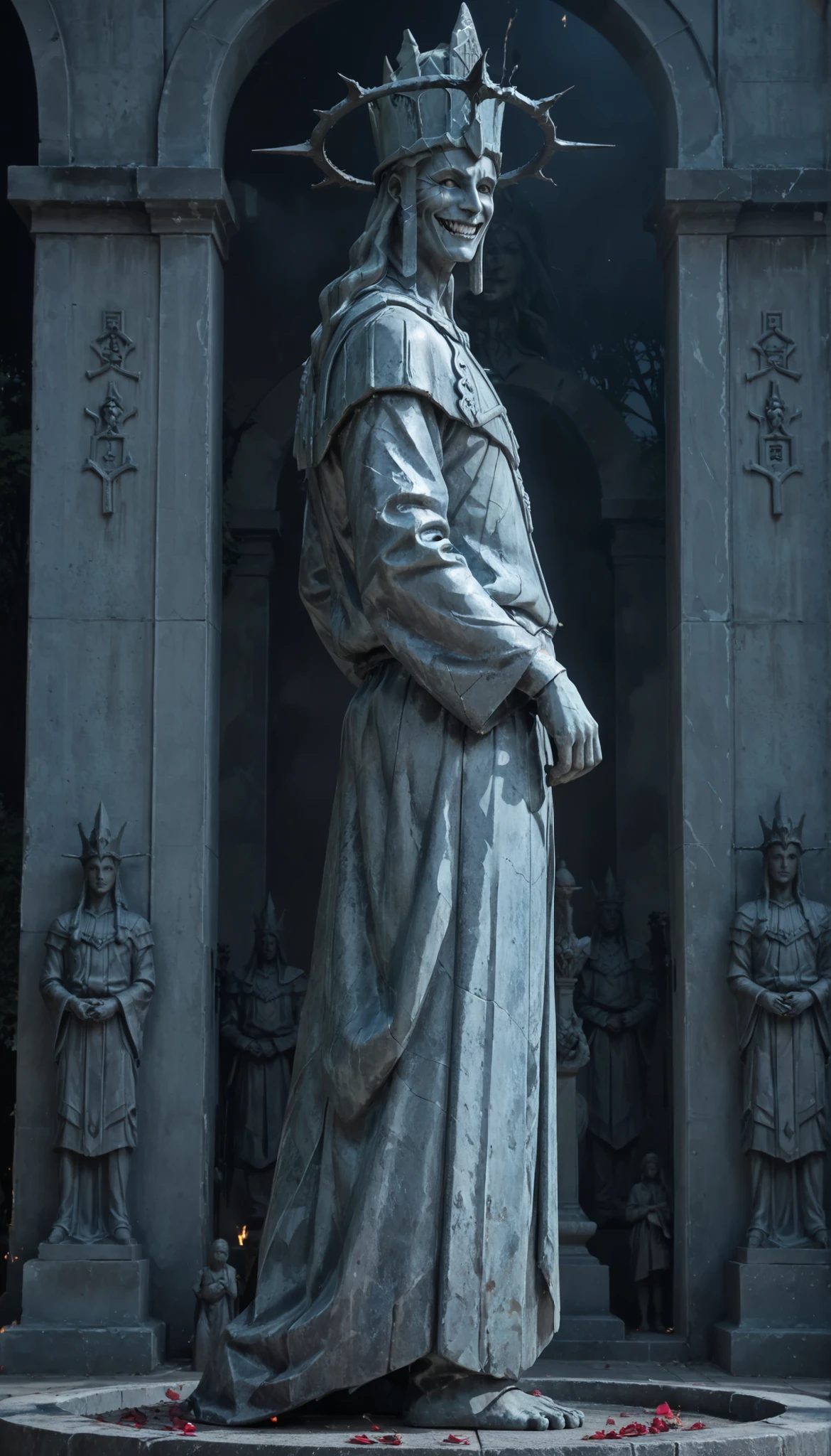 score_9, score_8_up, score_7_up, source_anime, standing, from side, evil smile, solo, eye contact, statue, statue_of_god, 